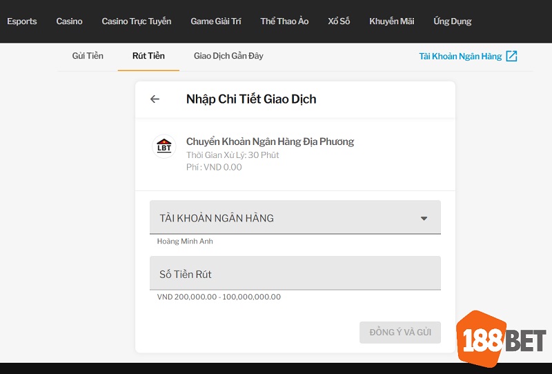 Cách rút tiền tại 188Bet qua ngân hàng đơn giản