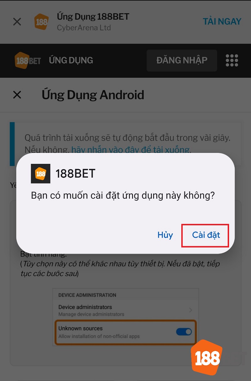 Nhấn “Mở” để vào app 188Bet